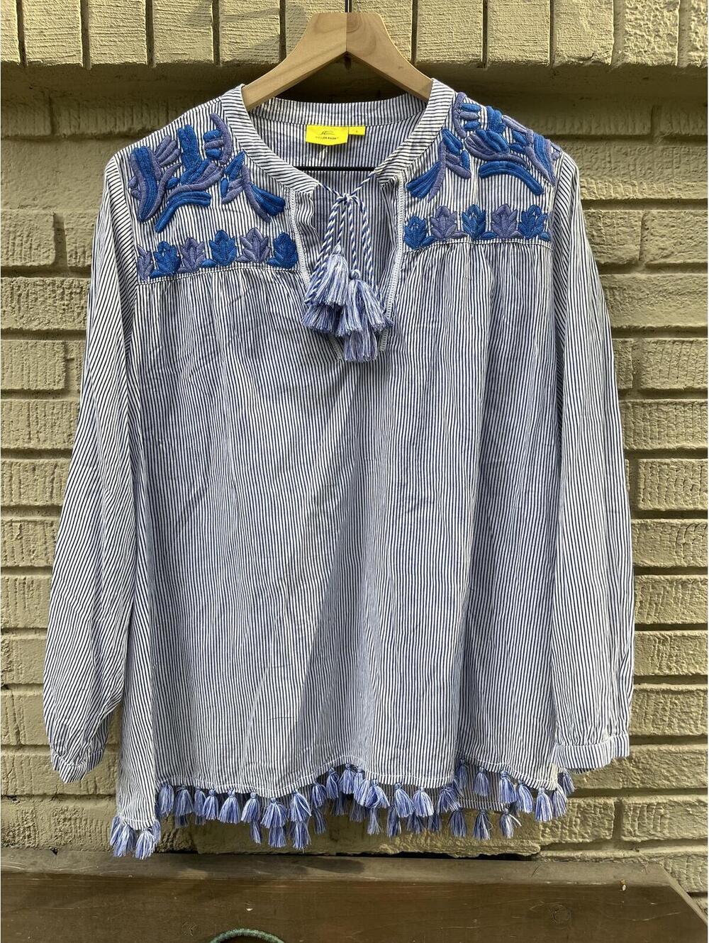 Roller Rabbit Serafina Tunic L Large Pinstripe Embroidered Tassel Boho Chic